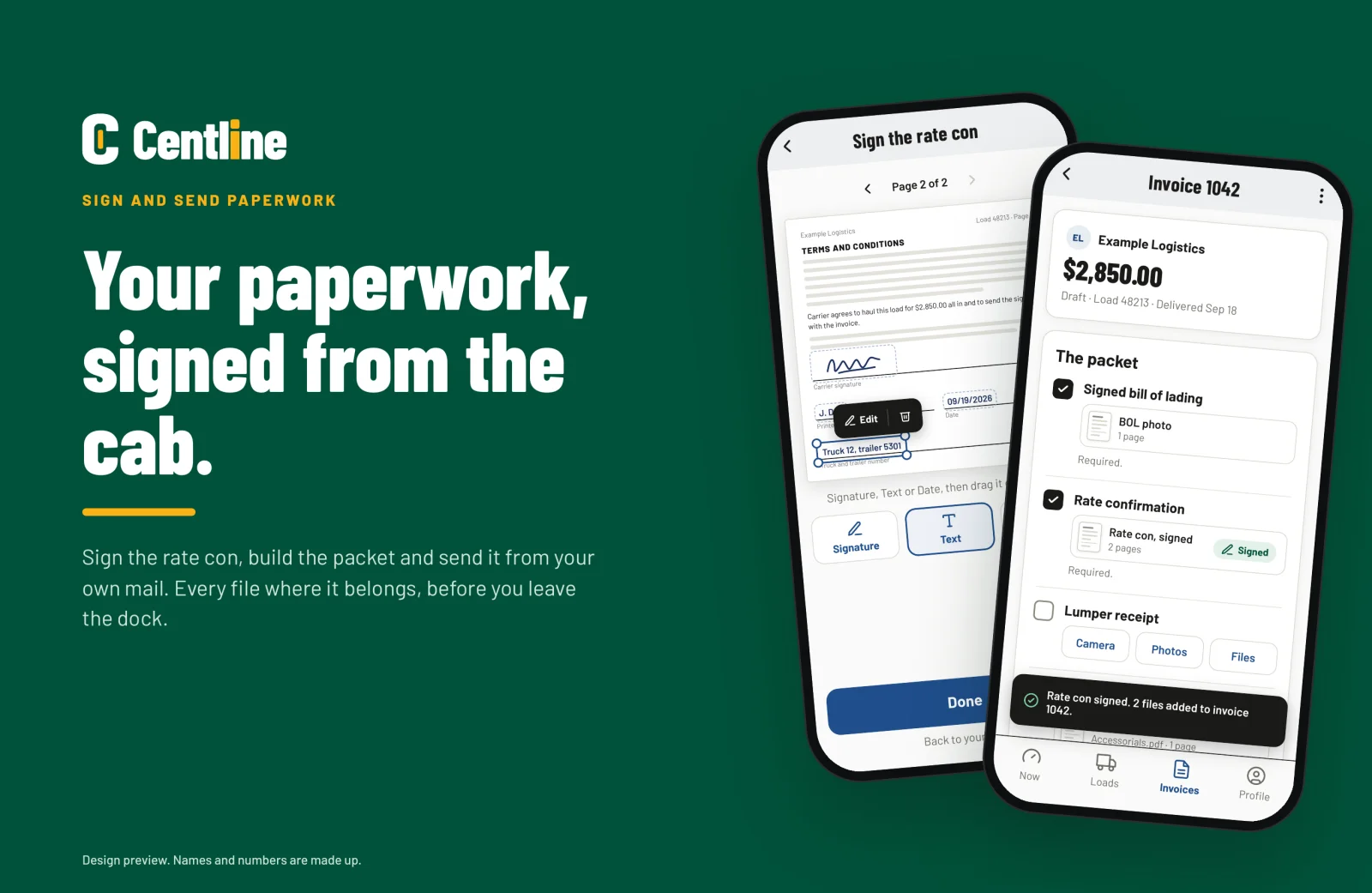A design preview of Centline: a rate confirmation being signed on one phone and the invoice packet on another.