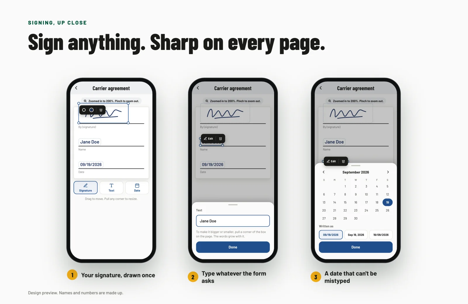 Three phones signing a carrier agreement: a signature drawn once and placed on its line, Jane Doe typed into a text box, and a date picked from a calendar with a choice of how it is written.