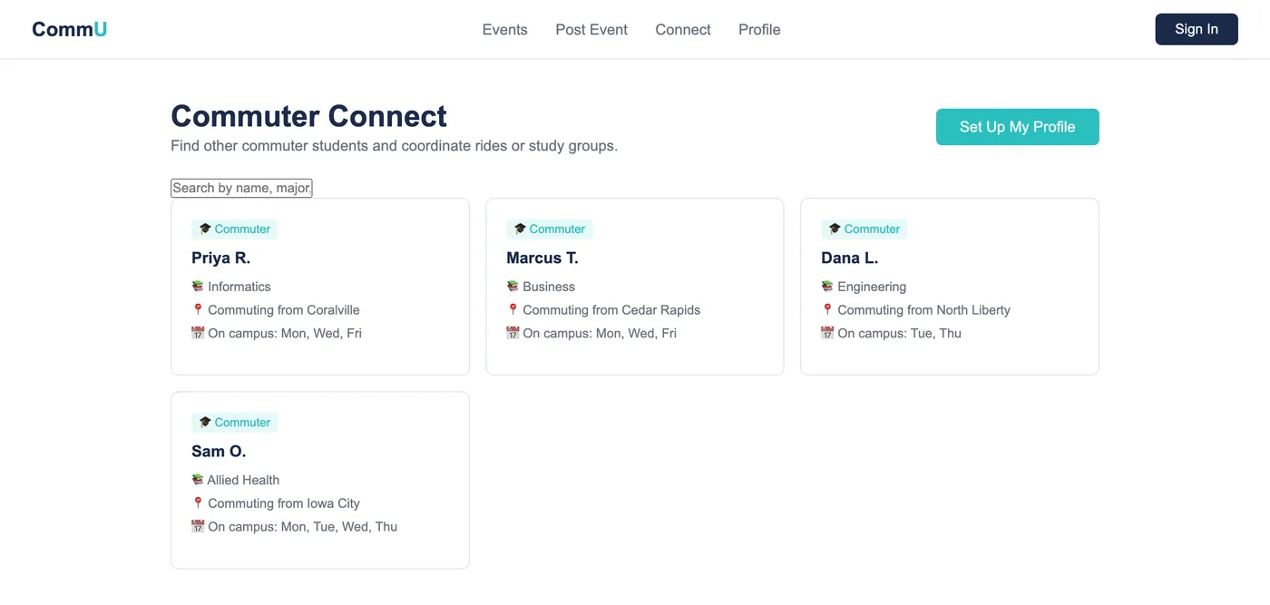 The Commuter Connect page, showing four commuter profiles with major, where they commute from, and which days they are on campus.