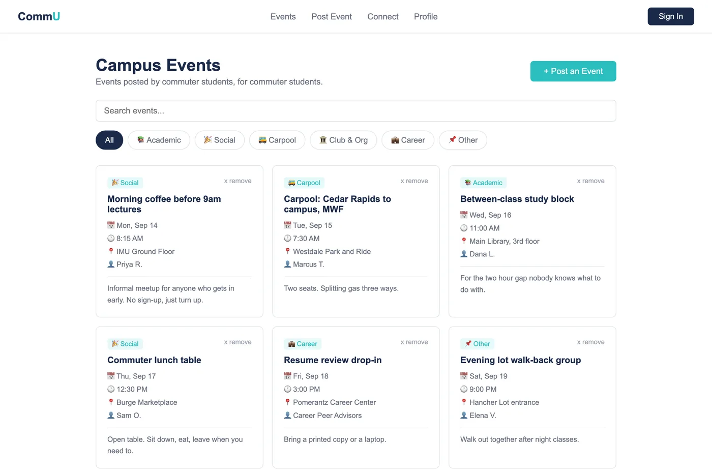 The campus events page, showing a search field, category filters, and six event cards including a carpool and a between-class study block.