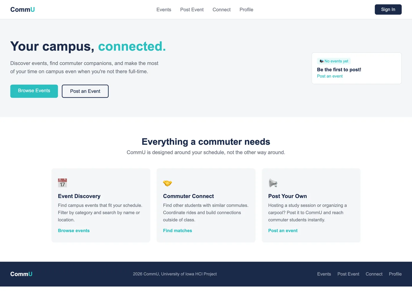CommU home page, headed 'Your campus, connected', with three cards: Event Discovery, Commuter Connect, and Post Your Own.