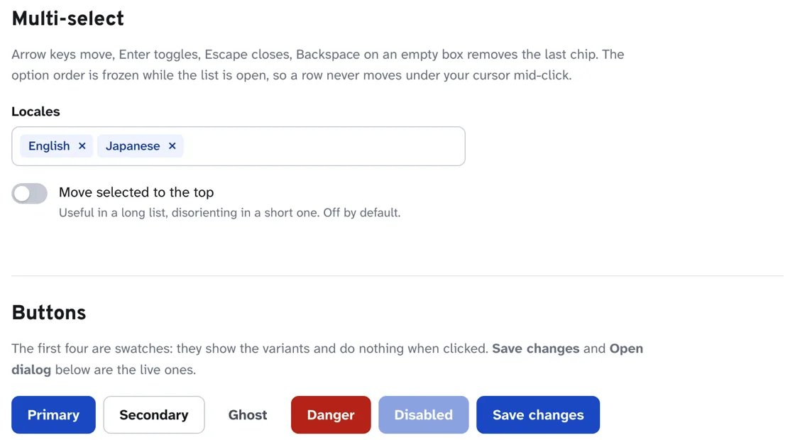 The lab's multi-select and buttons in the light theme, with the same components in the dark theme on the right.